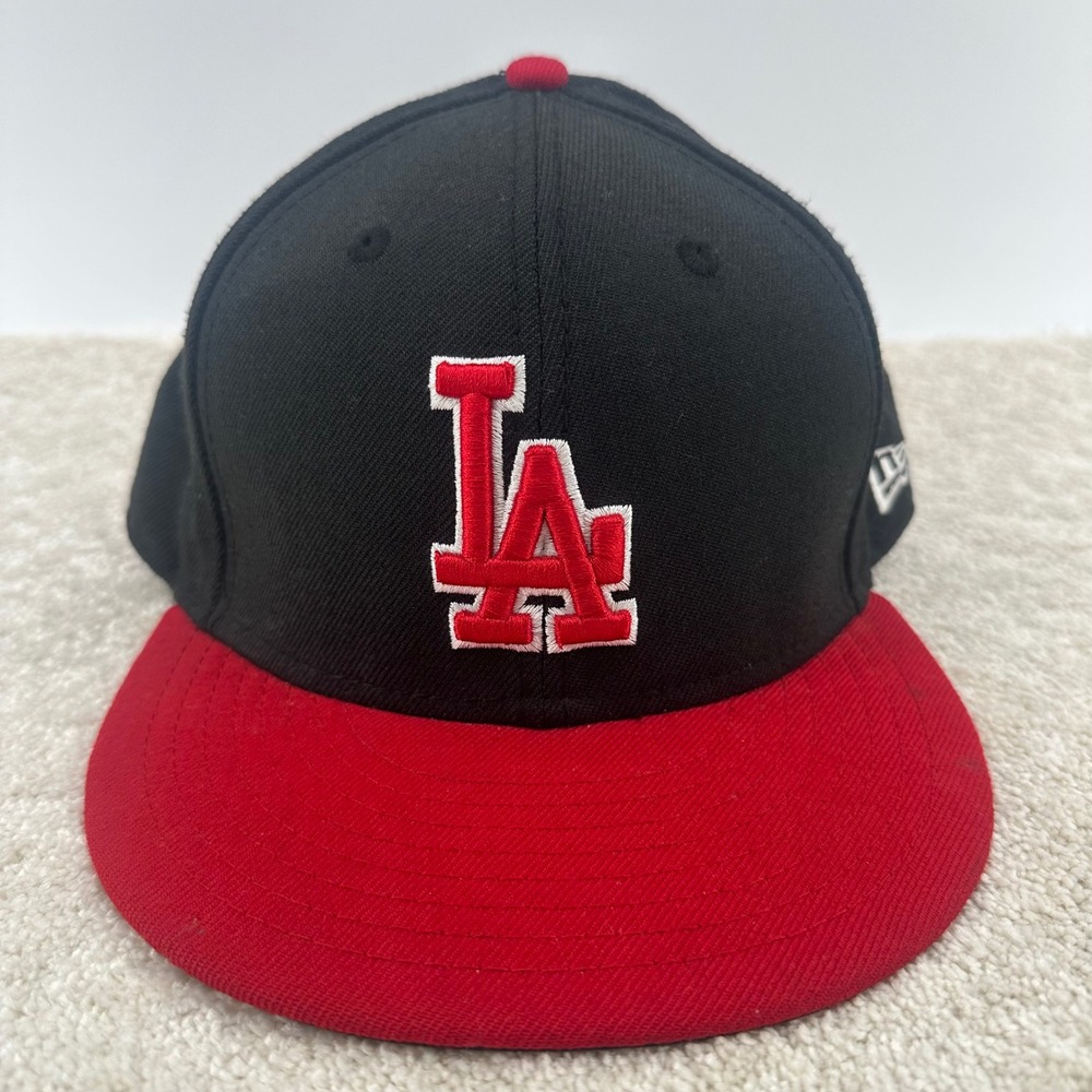New Era Los Angeles Dodgers Black Red LA Fitted Baseball Cap‎ Size 7 1/2 59FIFTY